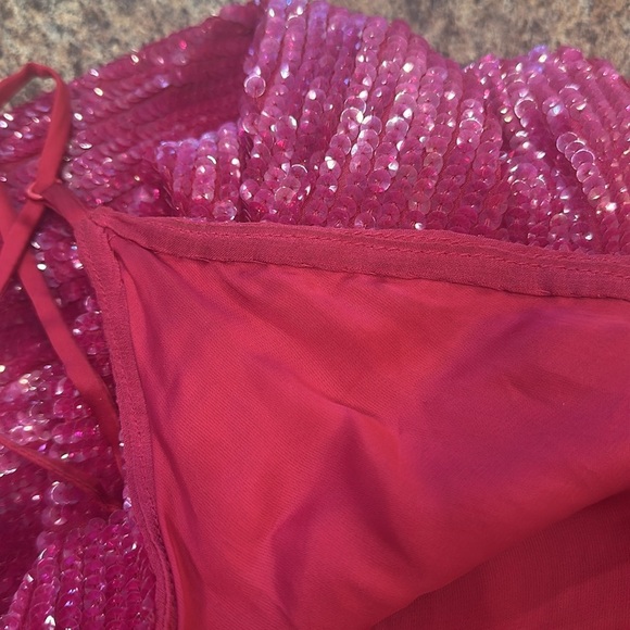 Retrofete Claire Beaded Sequin Mini Dress Size Large Hot Pink With Tie Waist - Picture 10 of 15